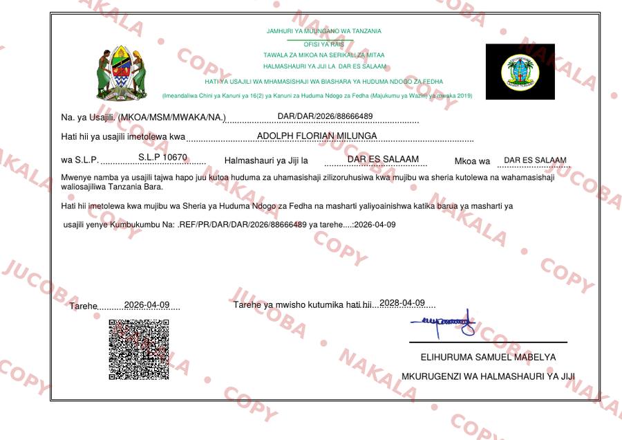 Hakikisho la Cheti cha Mhamasishaji wa Huduma Ndogo za Fedha